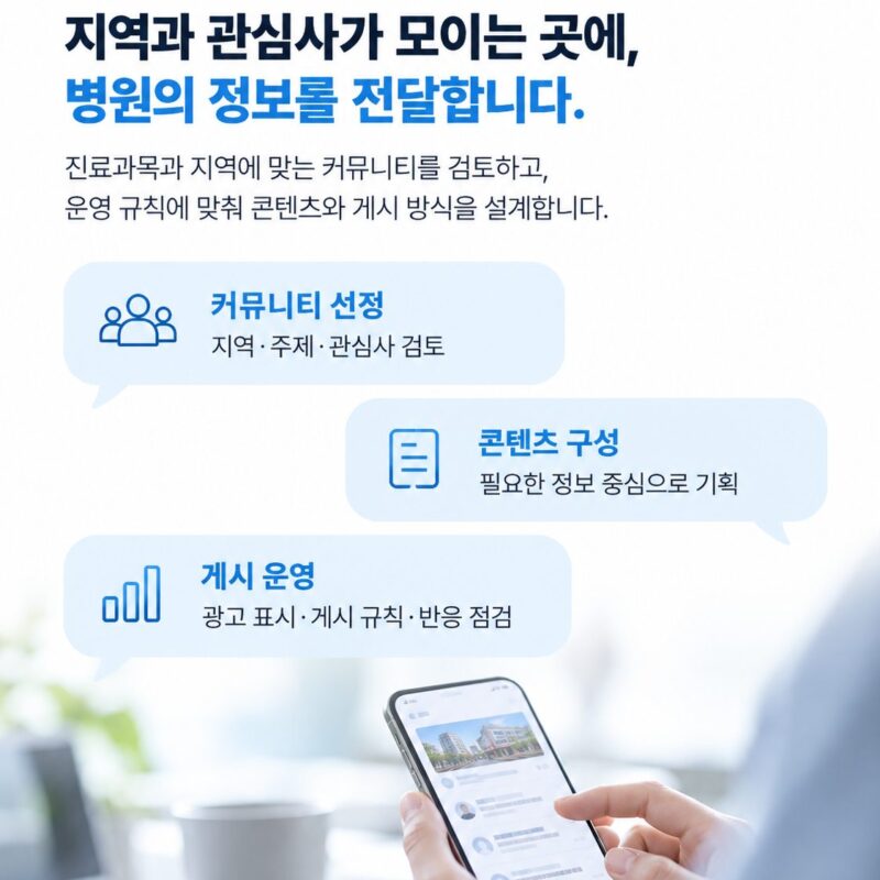 지역 커뮤니티에서 병원 정보를 찾아보는 장면을 담은 안내 이미지. 카페는 병원을 정하기 직전 남의 경험을 확인하는 단계에서 영향이 큽니다. 광고로 보이면 역효과가 납니다.