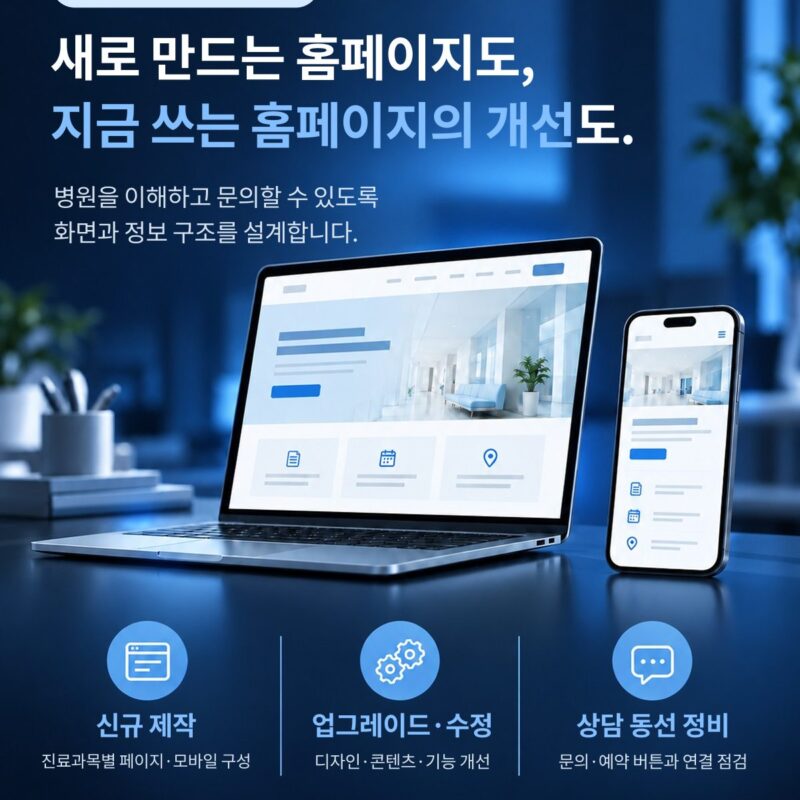 병원 홈페이지 화면 구성을 설계하는 안내 이미지. 유입이 늘어도 화면이 부실하면 문의로 이어지지 않습니다. 기준은 모바일이고, 페이지를 나누고 제목과 설명을 다르게 붙여야 검색에 걸립니다.
